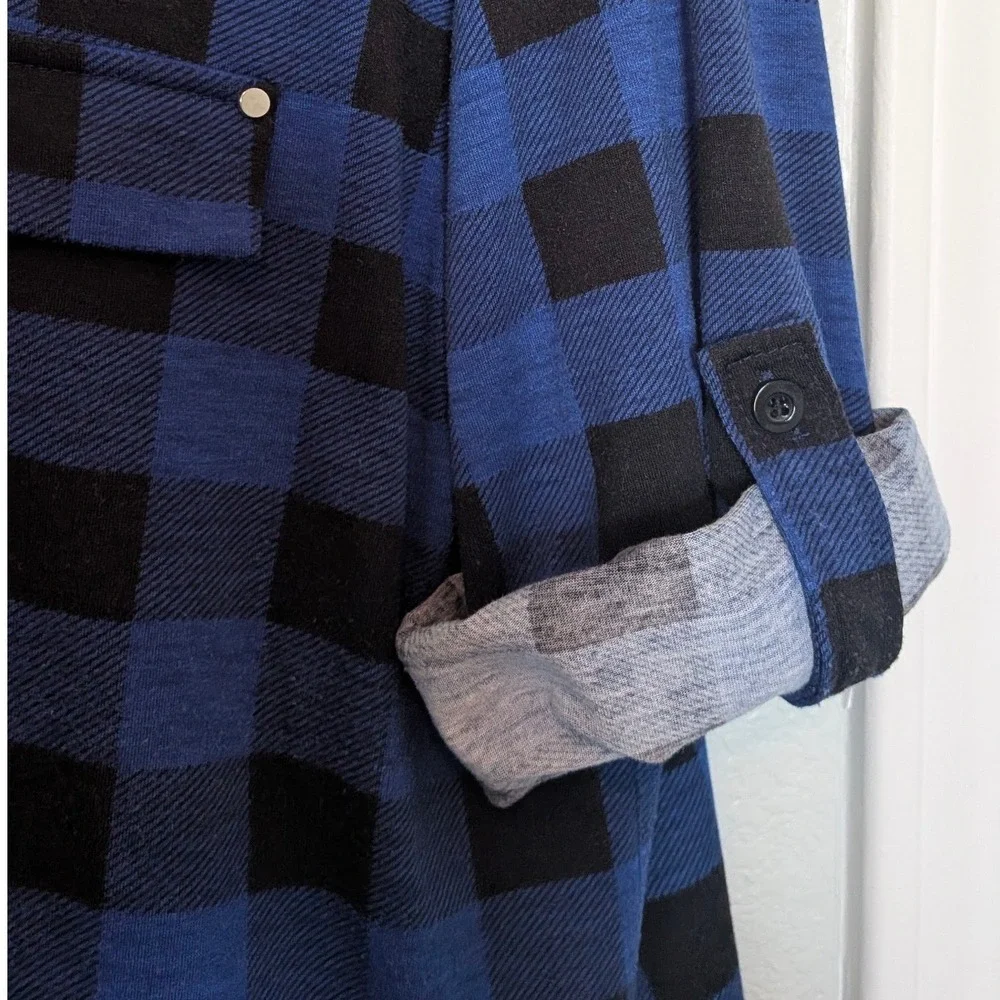 Ninedaily Blue Black Buffalo Plaid Quarter Zip Roll Tab Sleeve Tunic Top 2XL